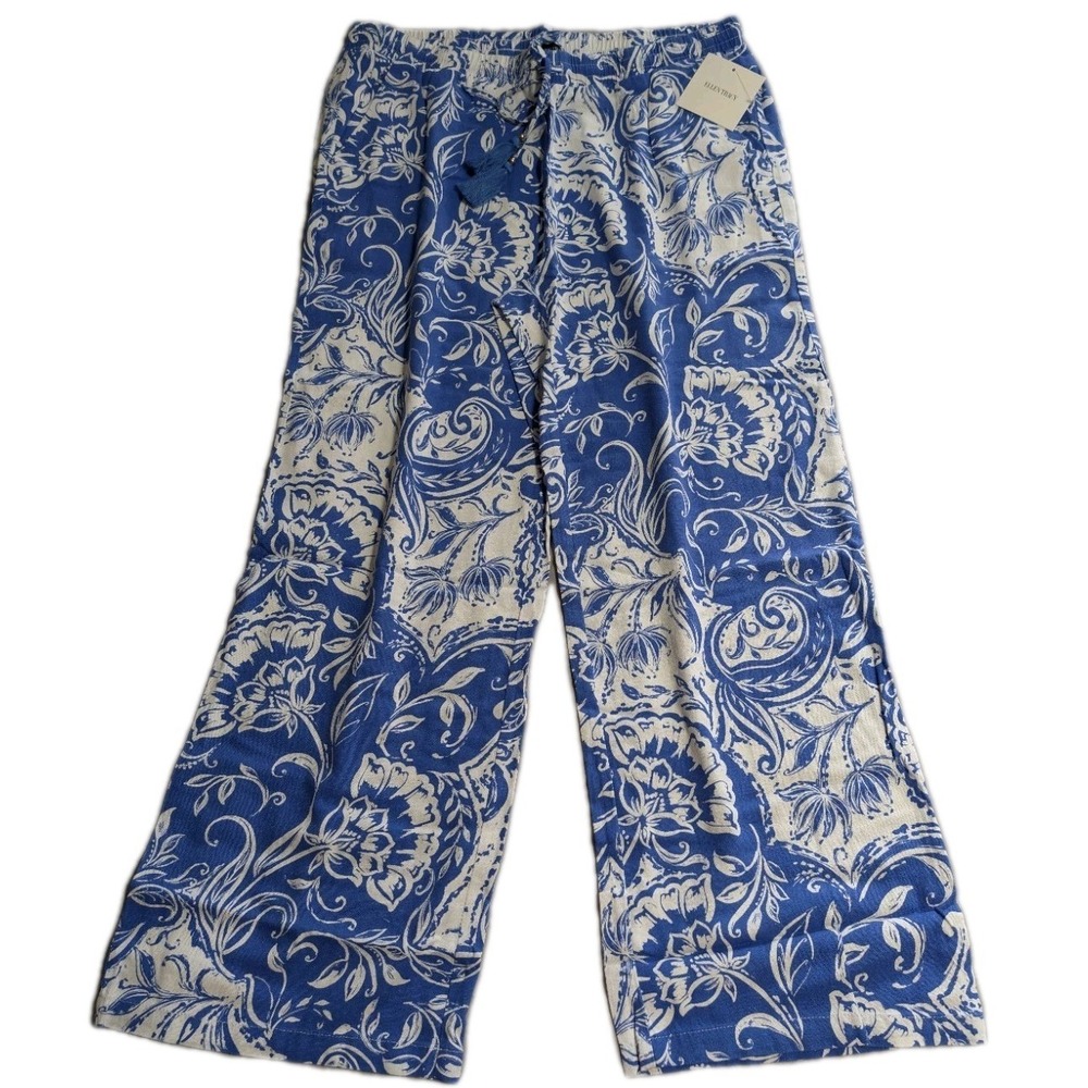 Ellen Tracy Wide Leg Pants Womens M Blue White Floral Batik Pull On Resort NWT